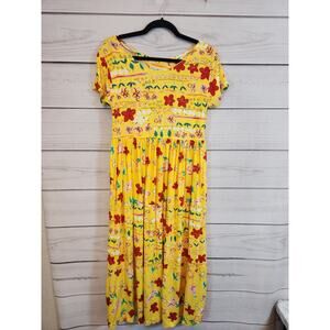 Leisure Wear By Adonna Women's‎ Yellow Floral Short Sleeve Midi Dress Size Small